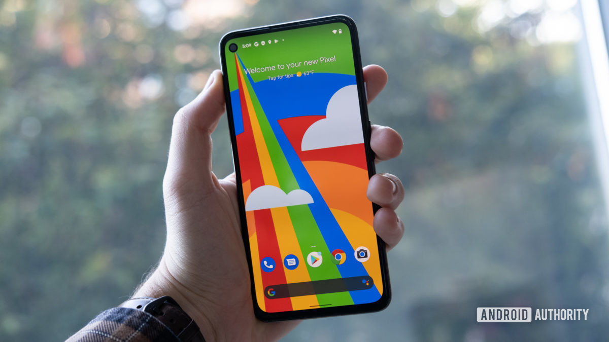 The Google Pixel 4a 5G is in front of the phone.  One